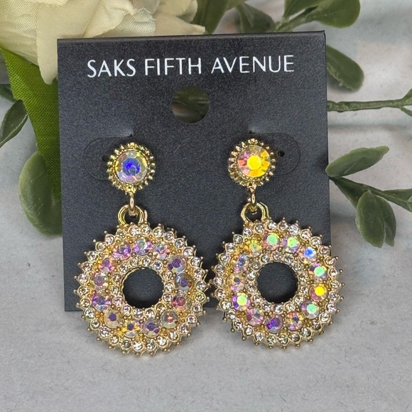 Saks Fifth Ave AB Crystal Post With Drop Hoop AB Crystal Earrings - Picture 4 of 9